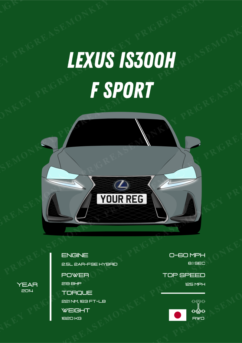 Sample Lexus IS300h poster with the placeholder registration YOUR REG