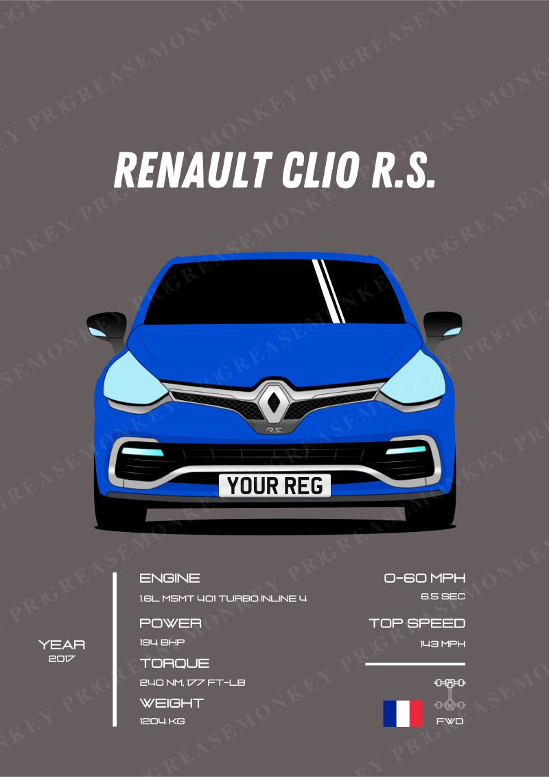 Sample Renault Clio R.S. poster with the placeholder registration YOUR REG