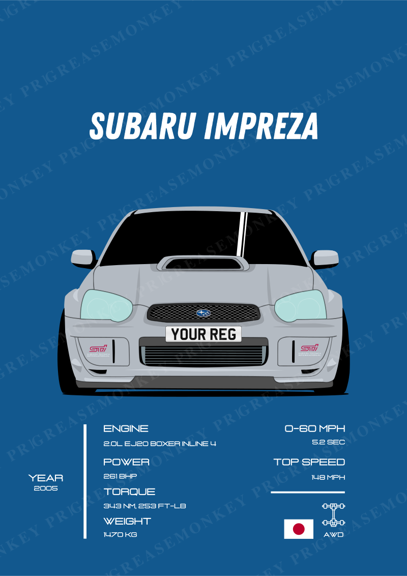 Sample Subaru Impreza poster with the placeholder registration YOUR REG