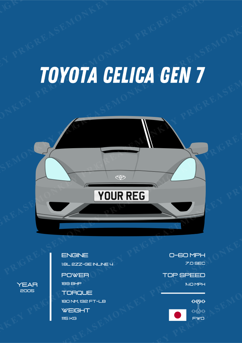 Sample Toyota Celica poster with the placeholder registration YOUR REG