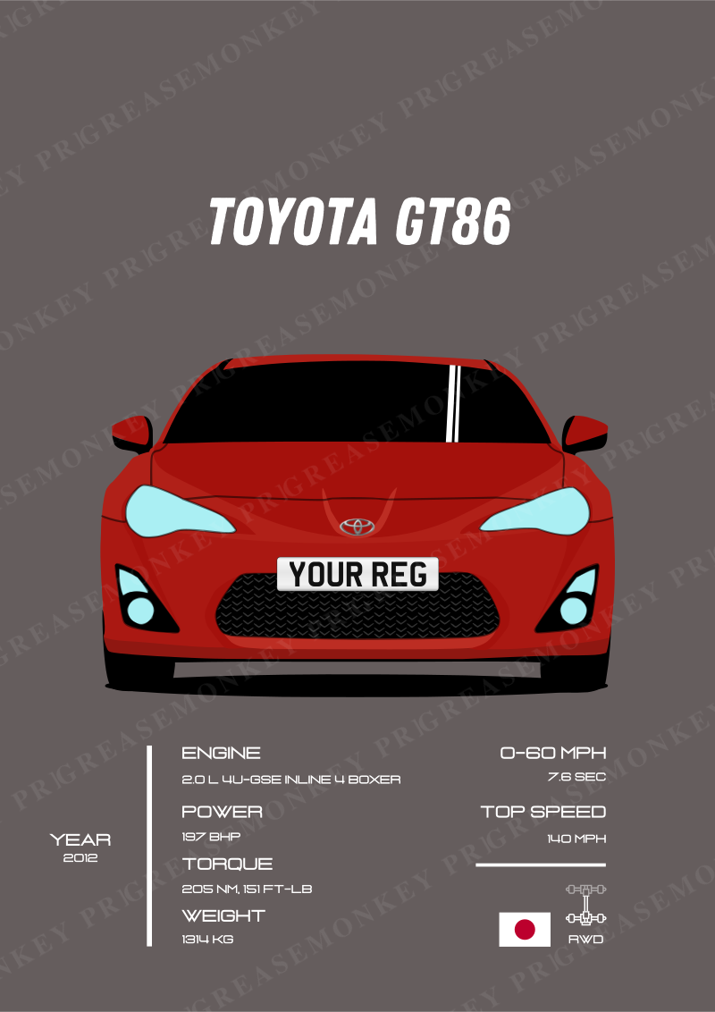 Sample Toyota GT86 poster with the placeholder registration YOUR REG