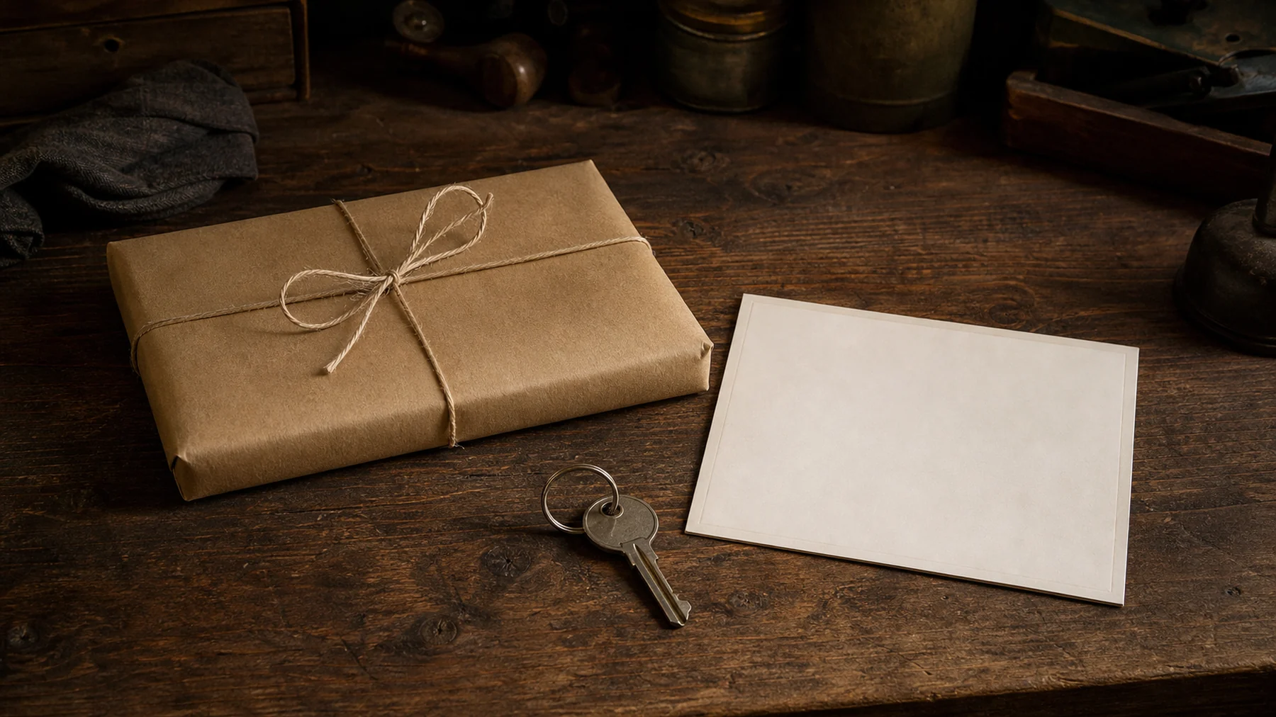 Blank gift card, old key and wrapped parcel on a dark wooden bench