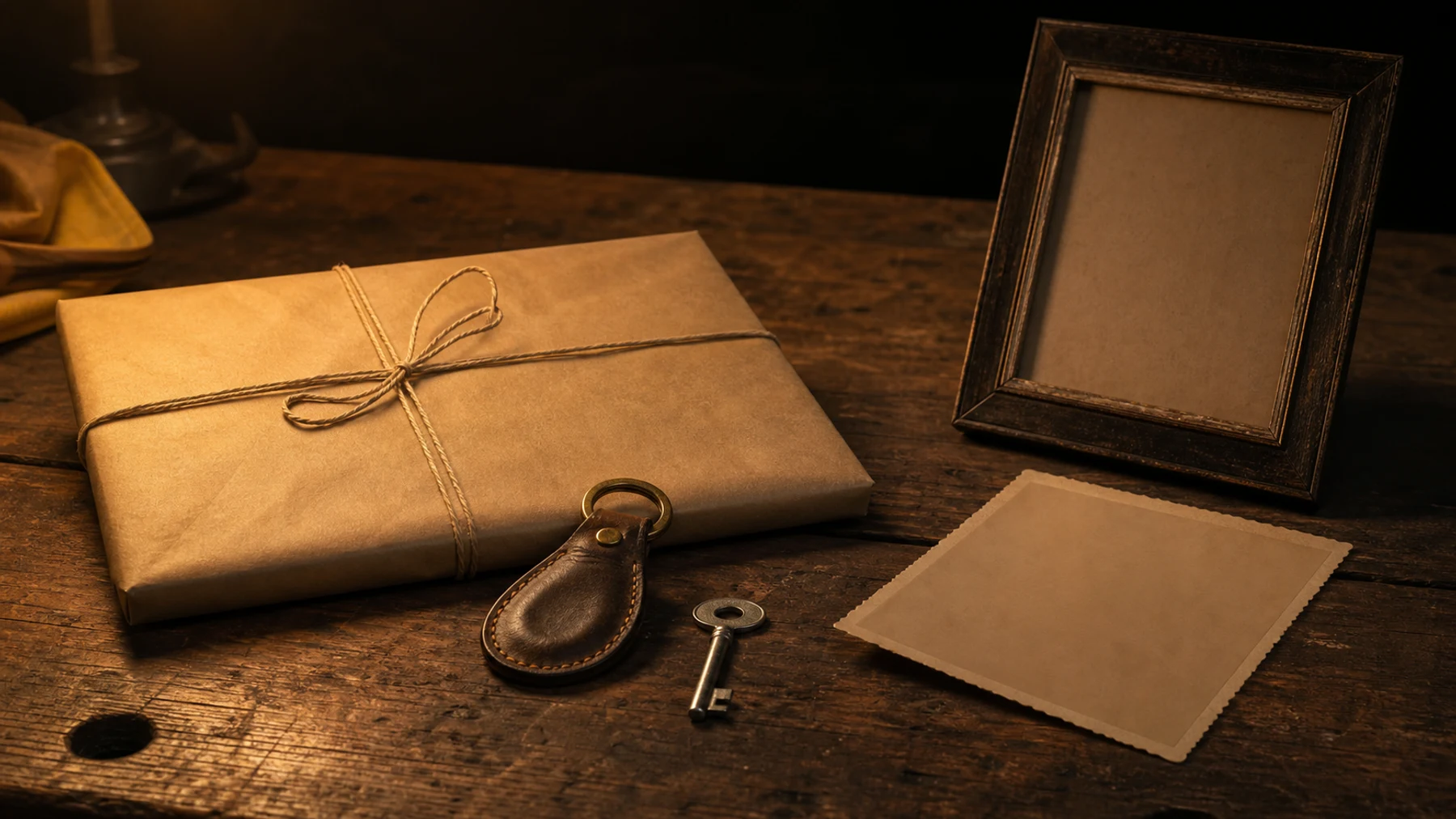 Old blank photograph sleeve, keyring and wrapped parcel on a wooden workbench