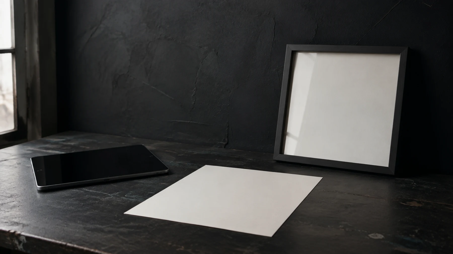 An unlit tablet, blank sheet and black frame arranged on an artist worktable