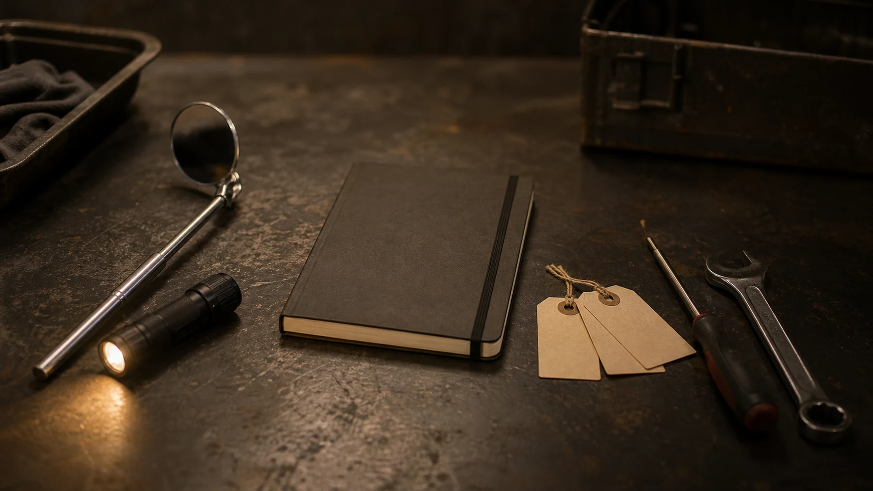 Inspection mirror, torch and blank engine notes beside workshop tools