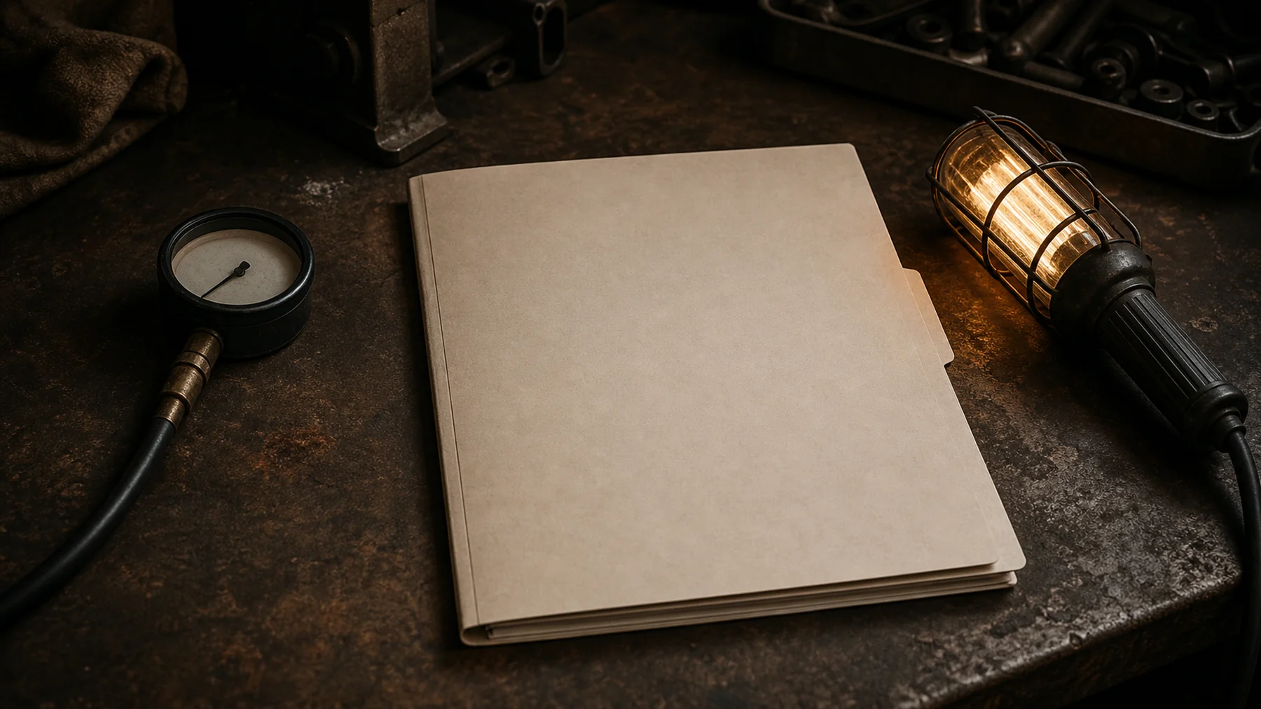 Inspection lamp, blank history folder and tyre gauge on a dark workshop bench