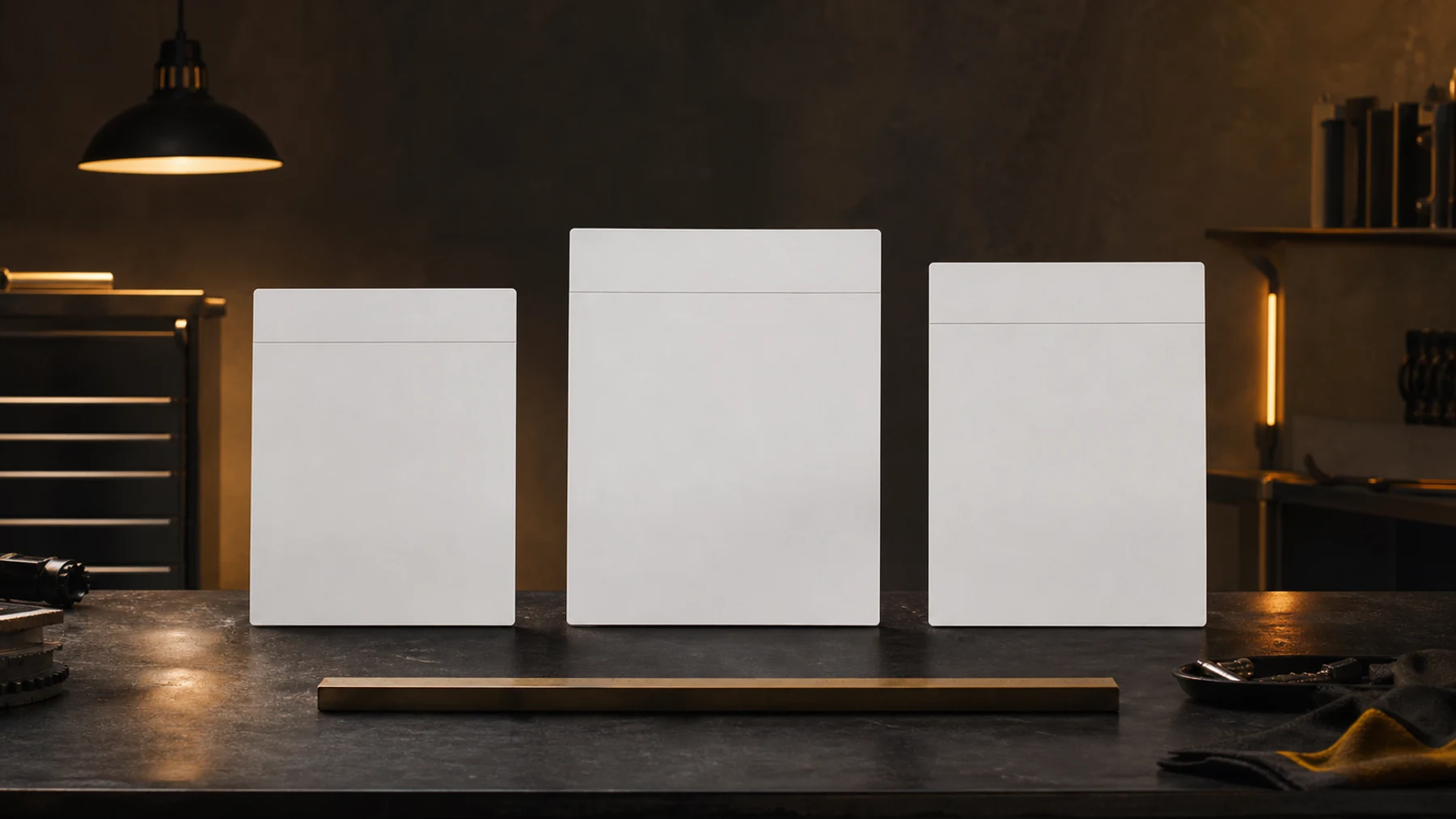 Three blank comparison cards and measuring tools on a dark workshop table