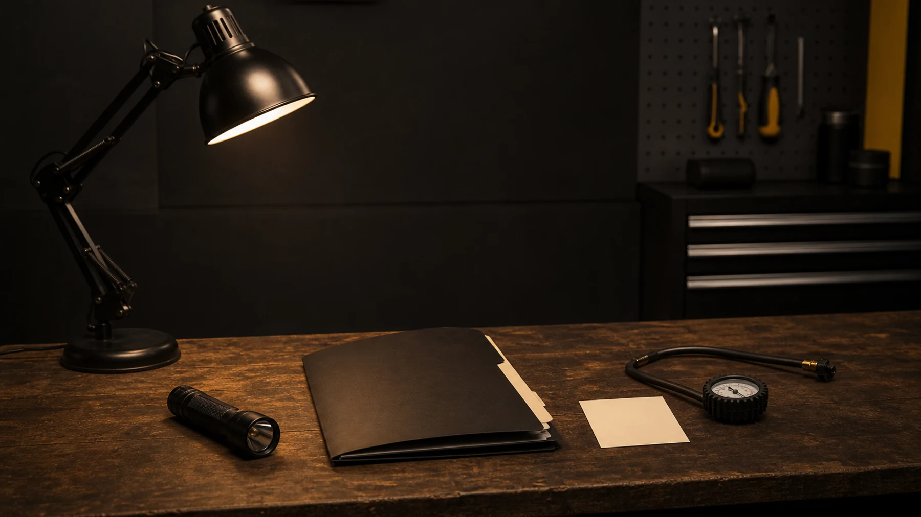 Inspection lamp, blank vehicle folder and torch on a workshop bench