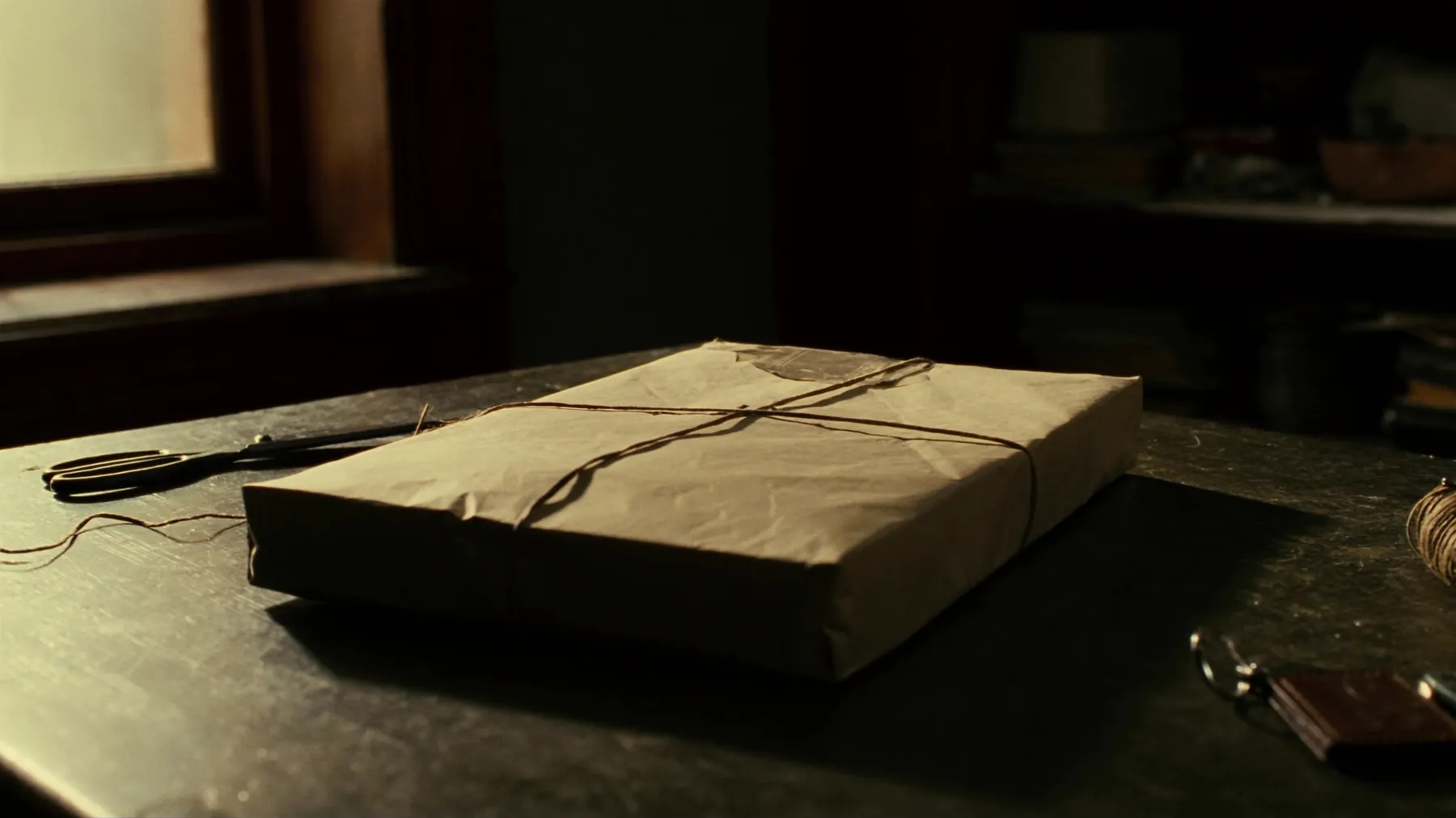 A flat parcel wrapped in brown paper and tied with string on a kitchen table beside a set of car keys