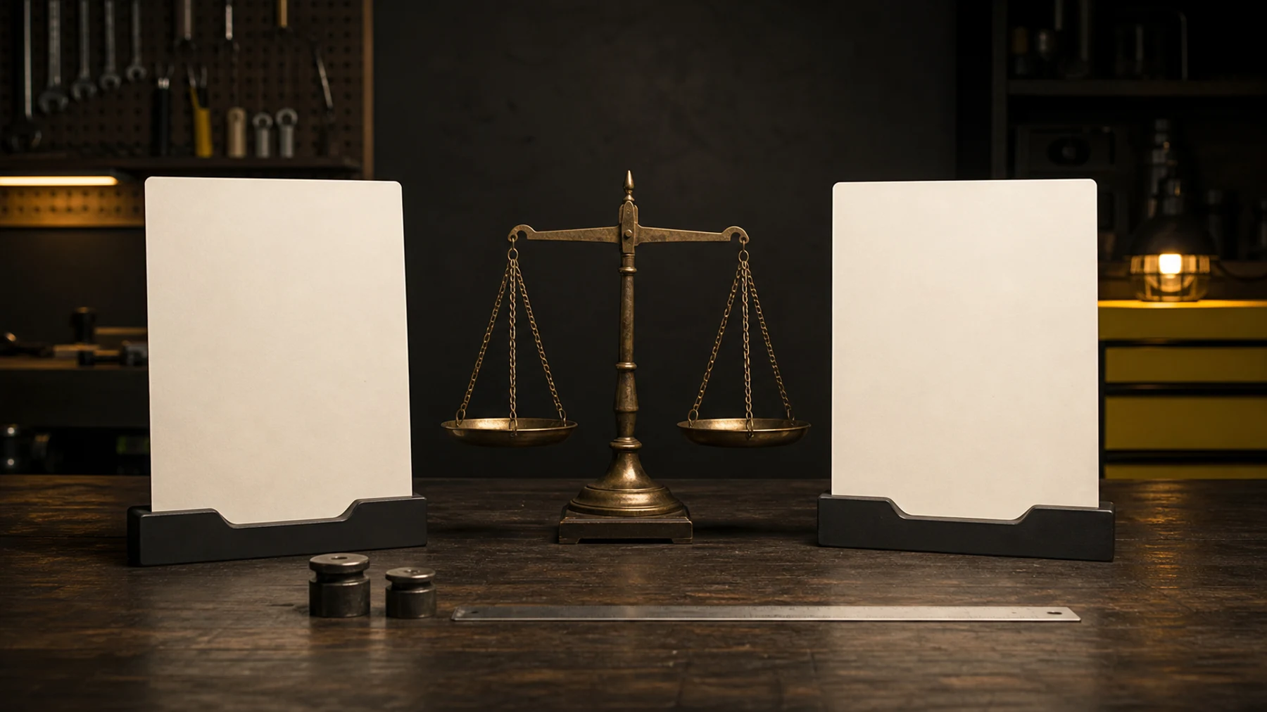 Two blank specification cards beside scales on a dark workshop table