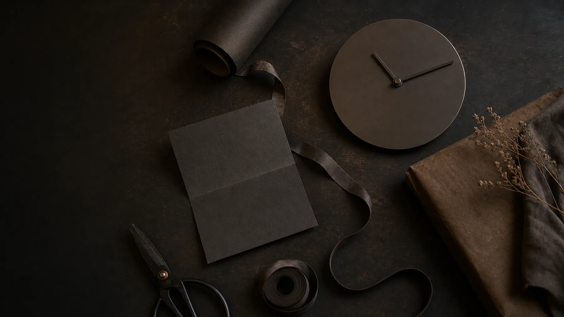 Blank gift card, clock and wrapping tools on a dark table