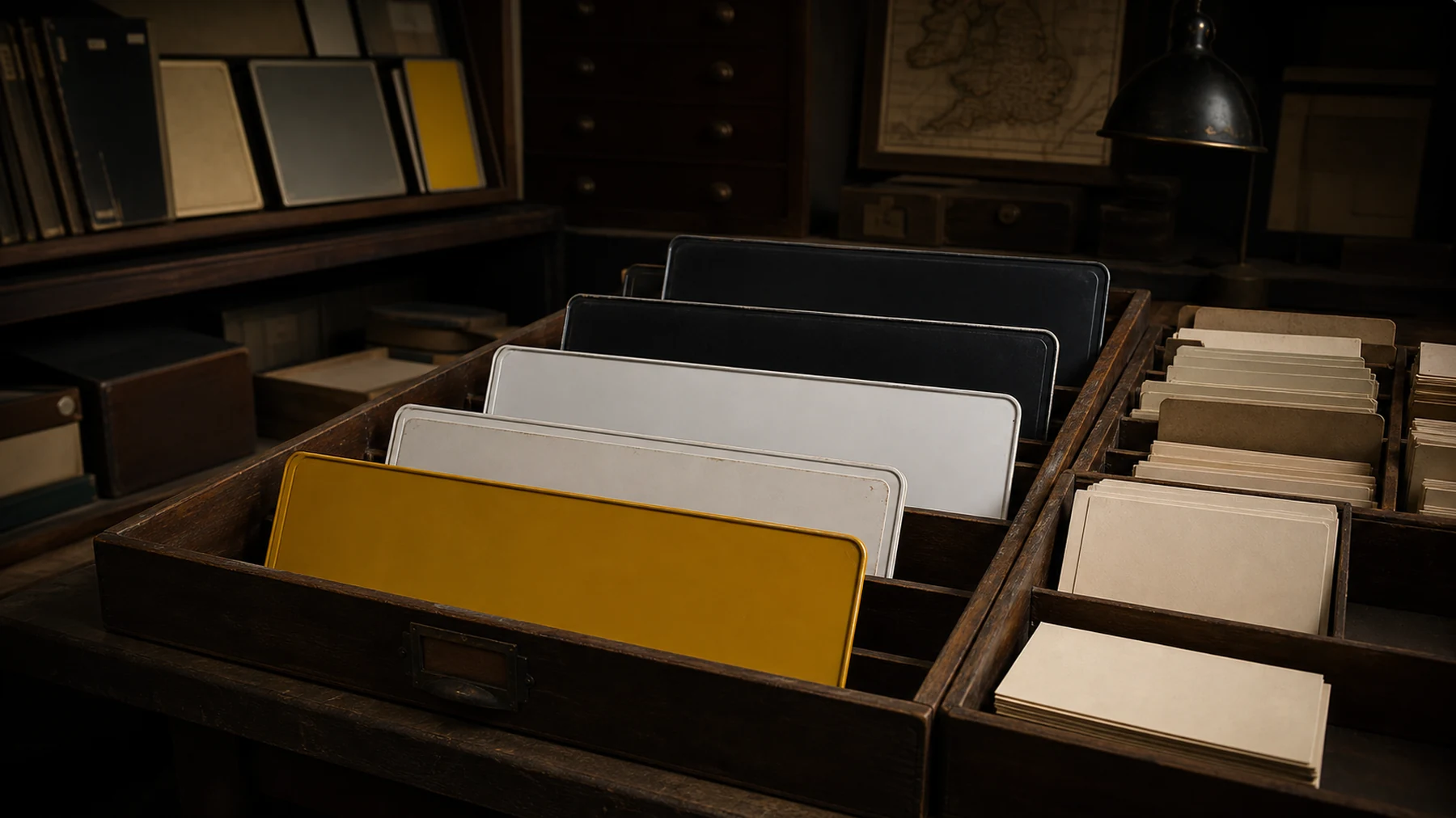 Blank black, white and yellow number plate panels stored with plain archive cards