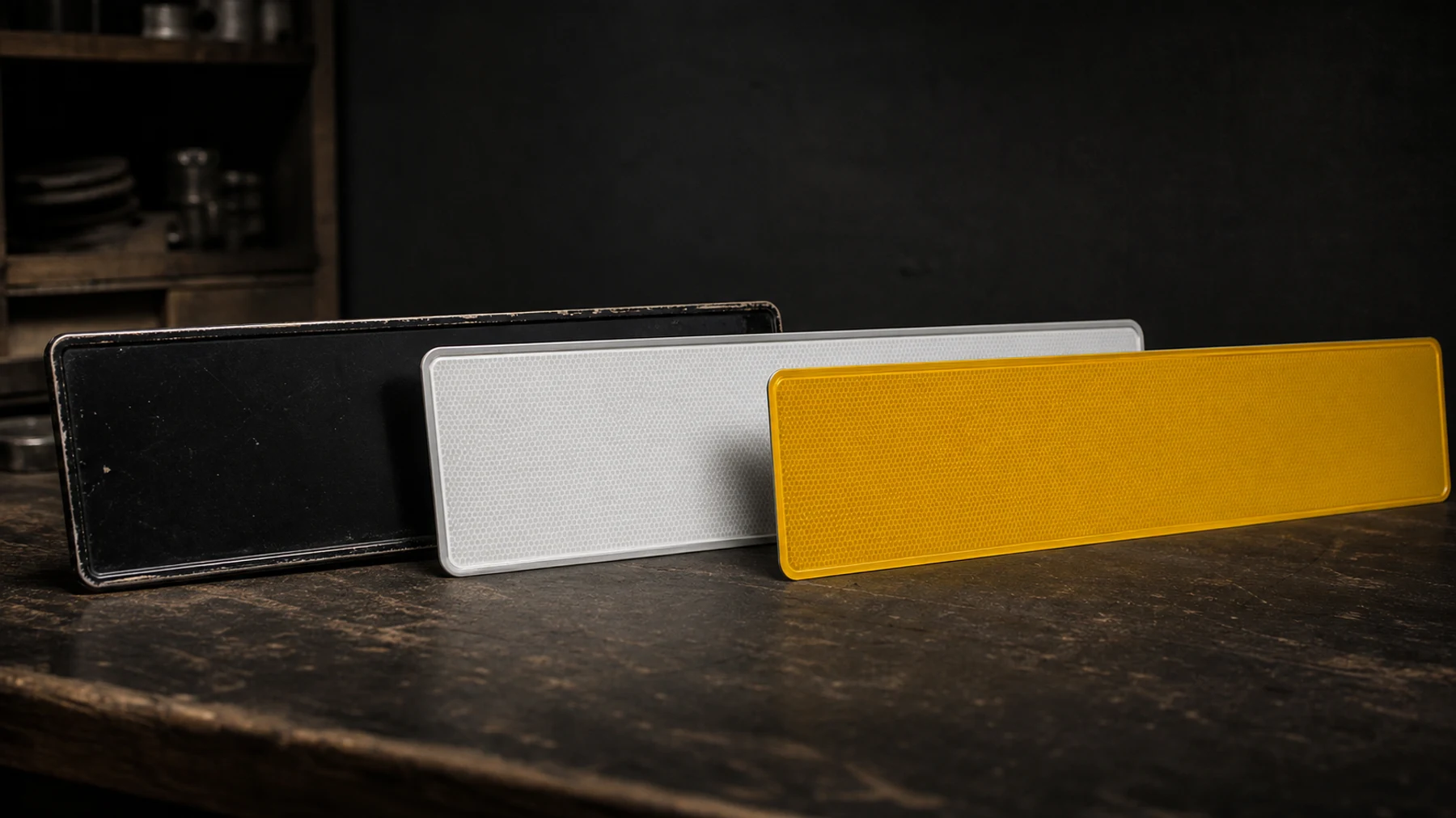 Blank black, white and yellow number plate panels arranged on an archive table without any registration characters