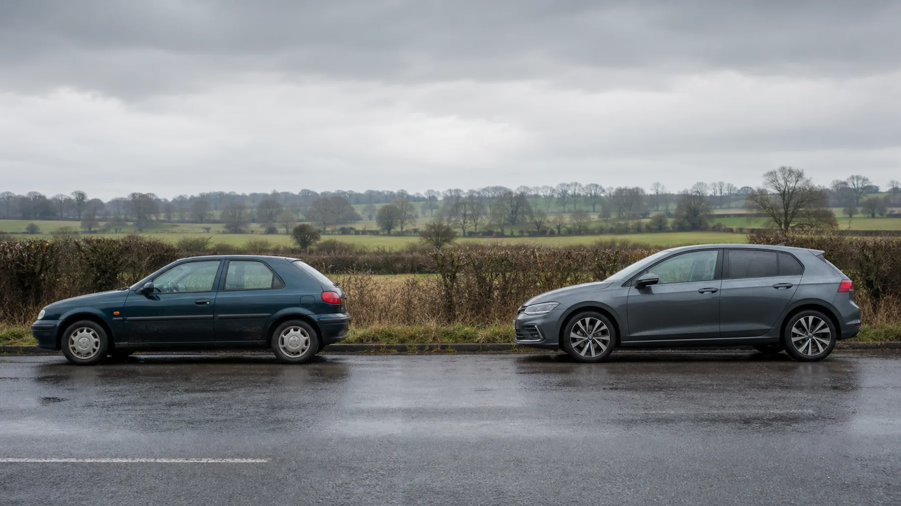 An older hatchback and a newer hatchback parked in profile beside a wet country road