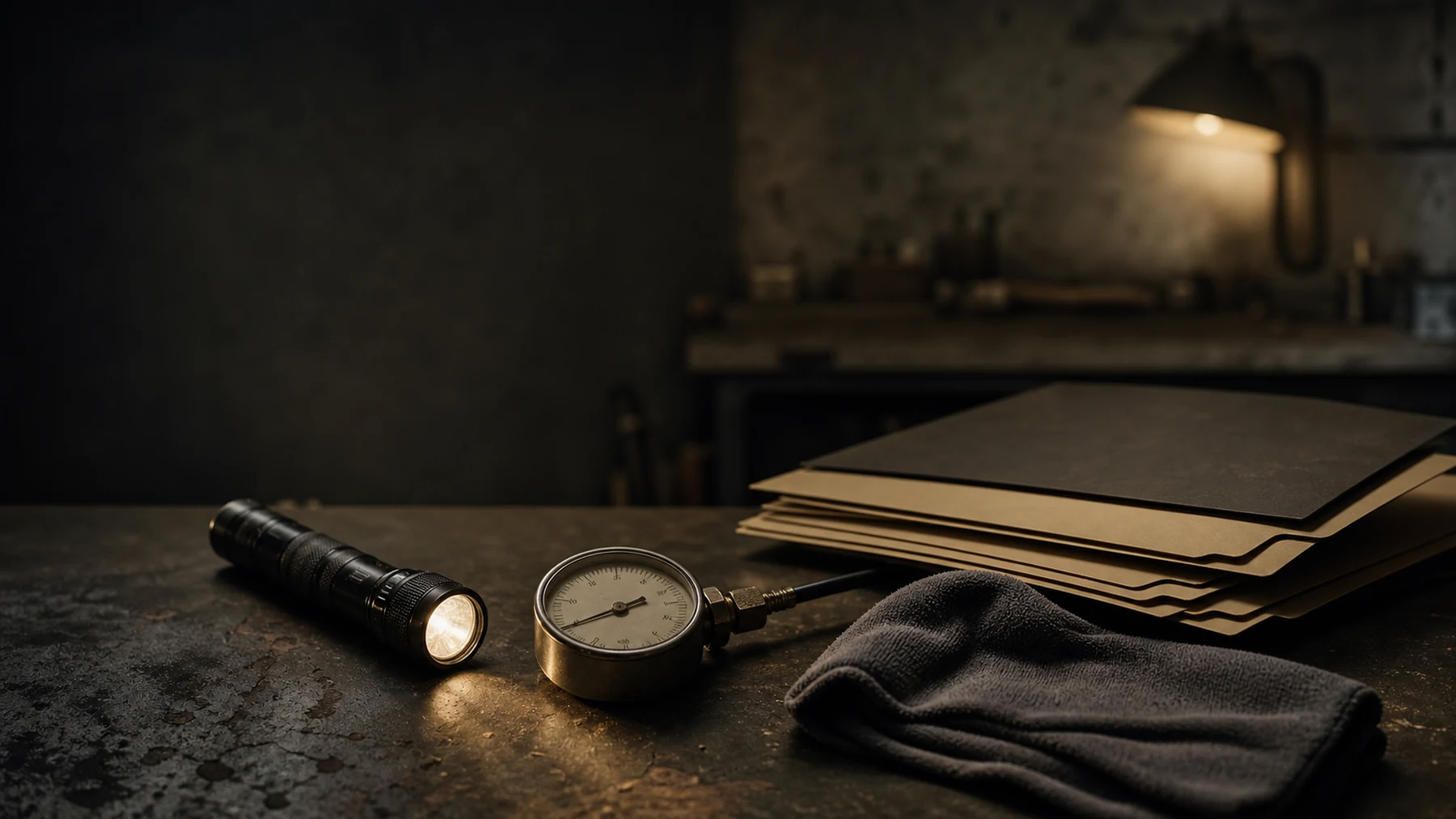 Inspection torch, gauge and blank history folders on a dark workshop bench