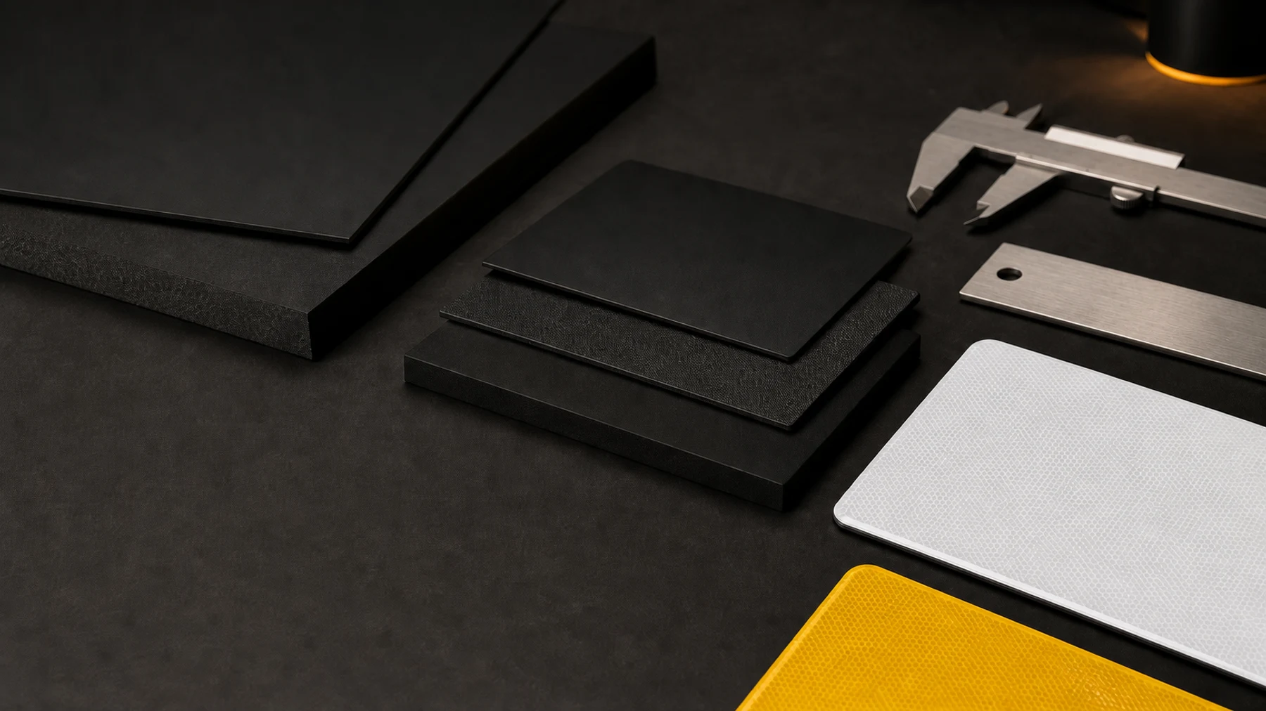 Blank layered black samples and measuring tools on a dark design desk