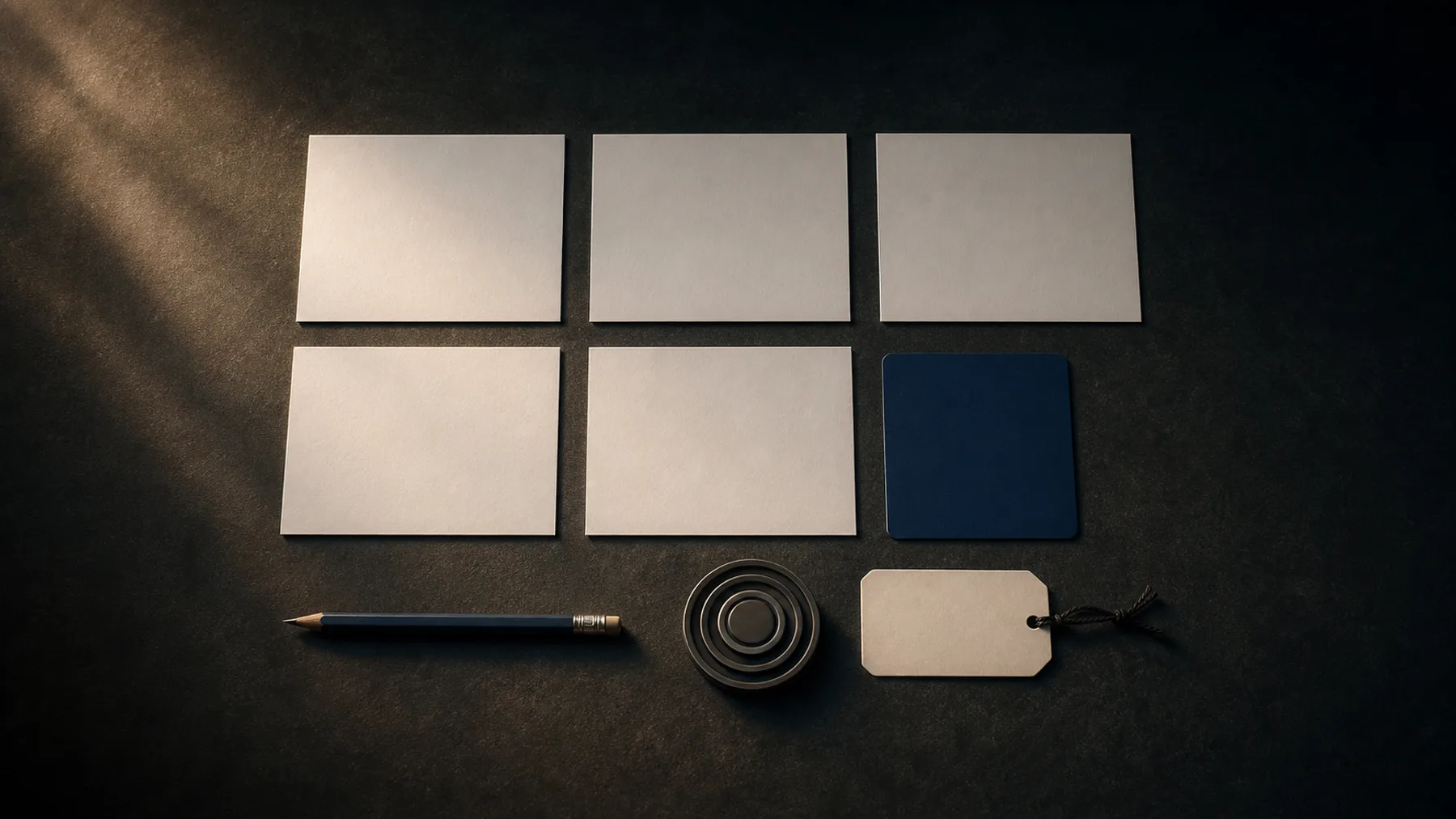 Blank detail cards, colour swatch and pencil arranged on a dark desk