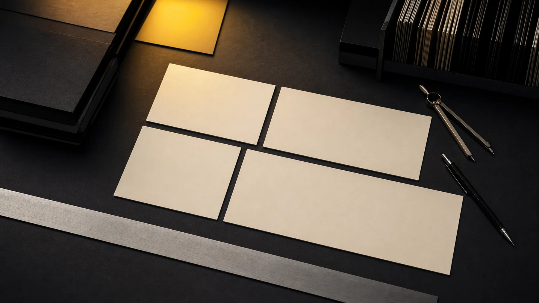 Blank typographic specimen cards and measuring tools on a dark design desk