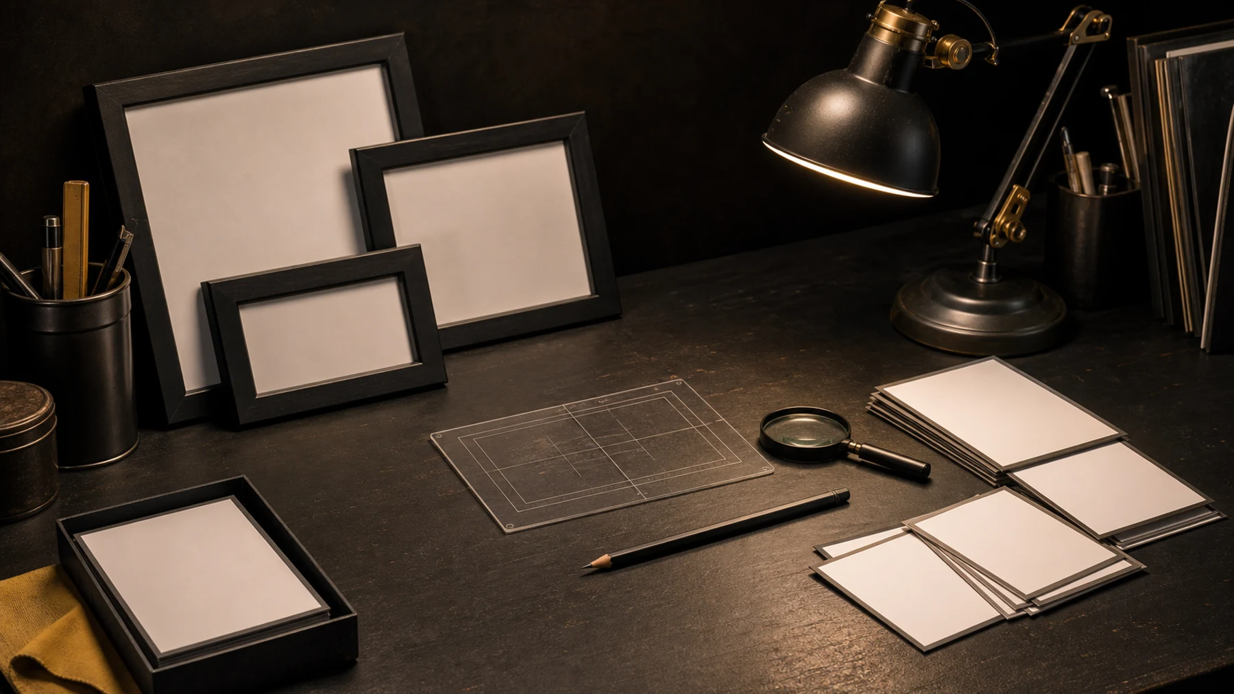Blank photo frames, camera grid card and pencil on a drawing desk