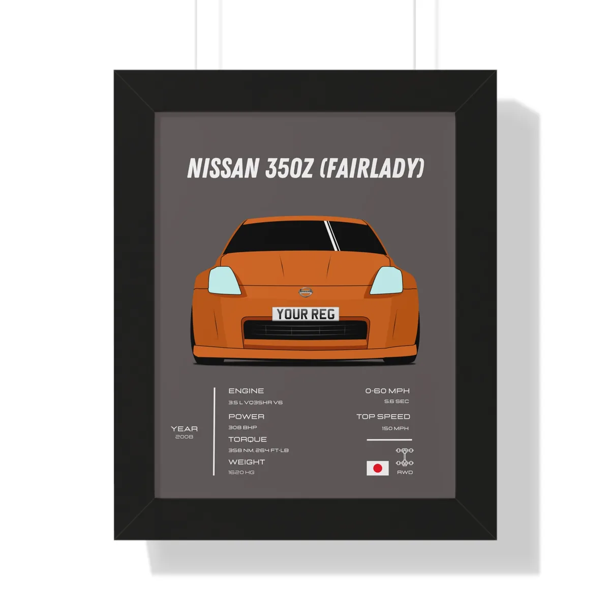 A framed car print hanging on a wall