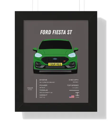 A framed Ford Fiesta ST print hanging on a wall